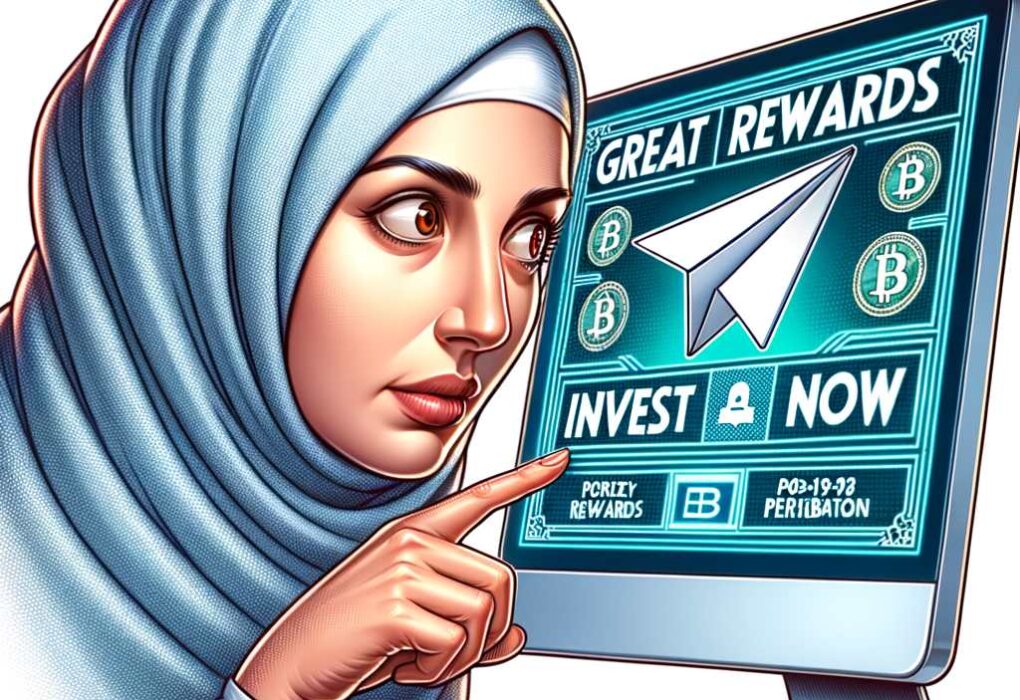 woman wearing a headscarf pointing at a computer screen with a telegram betting offer displayed on it