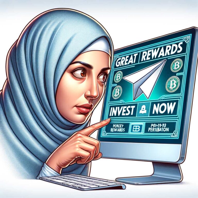 woman wearing a headscarf pointing at a computer screen with a telegram betting offer displayed on it