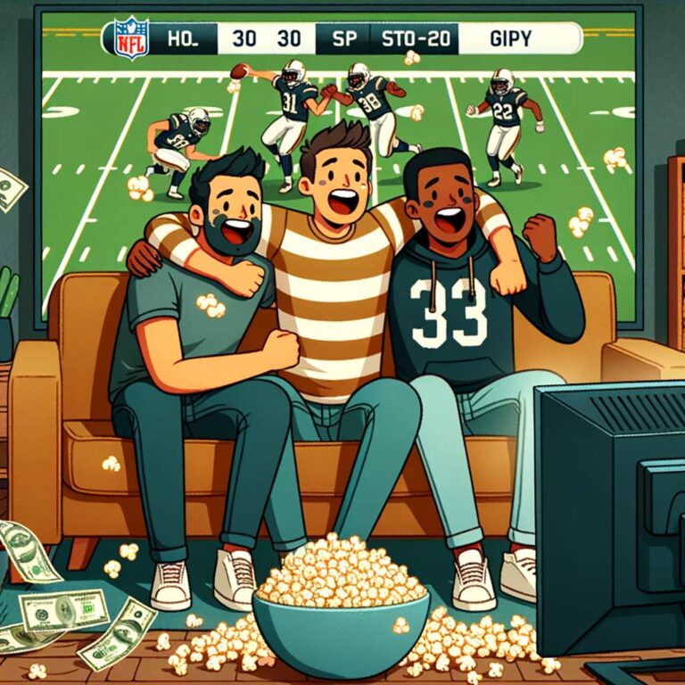 three guy friends cheering on a couch while watching an NFL game on TV, a huge bowl of popcorn spilling over on the ground