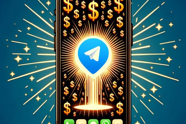 iphone screen showing telegram betting service with telegram icon and dollar signs in the background